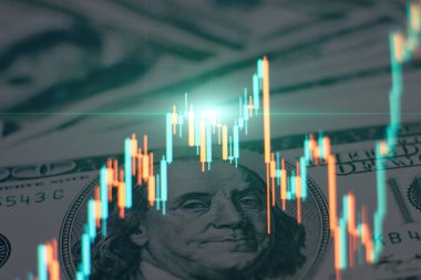 Borsa ve fintech kavramı. Koyu mavi arkaplan üzerindeki bulanık dijital grafikler.