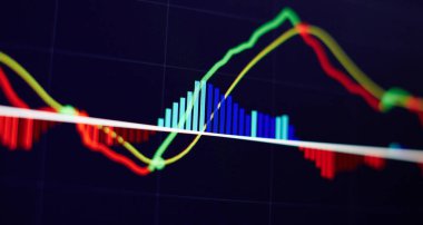 Teknik fiyat grafiği ve göstergesi, mavi ekranda kırmızı ve yeşil şamdan grafiği, piyasa dalgalanması, yükseliş ve düşüş eğilimi. Hisse senedi ticareti, kripto para birimi geçmişi.