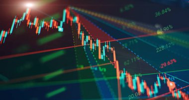 Finansal zemin üzerinde mum çubuğu ve borsanın bar tablosu olan soyut mali grafik