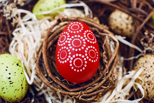 Tło Wielkanocne Kolorowymi Jajkami Gnieździe Widok Góry Miejsca Kopiowania — Zdjęcie stockowe