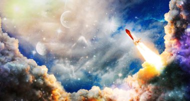 Uzay gemisi uçuşu. Yıldızlı gökyüzü ve mavi galaksiler. Uzay mekiği ve Samanyolu 'na bakın. Bu görüntünün elementleri NASA tarafından desteklenmektedir