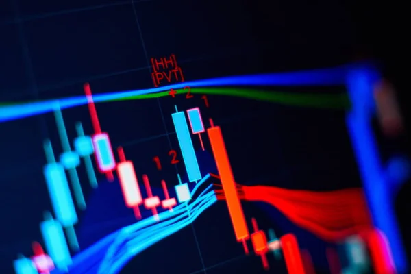深蓝色背景上的数字图接口 股票市场的概念和财政上的成功 — 图库照片