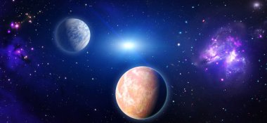 Gezegen ve galaksinin yıldızları serbest uzayda. Bu görüntünün elementleri NASA tarafından desteklenmektedir .