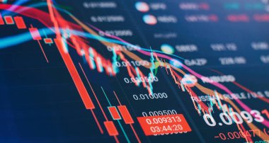 Bir bilgisayarın monitöründeki profesyonel teknik analiz için hacim analizi de dahil olmak üzere çeşitli göstergelere sahip mali araçlar.