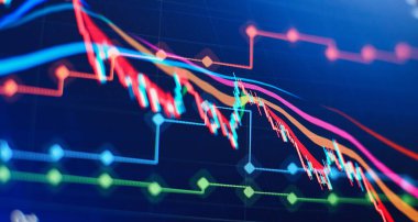Bir bilgisayarın monitöründeki profesyonel teknik analiz için hacim analizi de dahil olmak üzere çeşitli göstergelere sahip mali araçlar.
