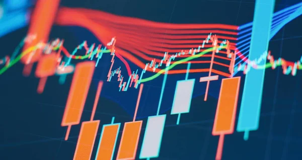 コンピュータのモニター上のプロの技術分析のためのボリューム分析を含む様々な種類の指標を有する金融商品 — ストック写真