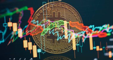 Sanal kripto para birimi kavramı. Bitcoin kripto para birimi arkaplanda bulanık mum boyası şeması ve yansıması ile