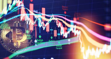 Bitcoin döviz kurlarındaki eğilimler. Bitcoin 'in yükseliş ve düşüş çizelgeleri. Bitcoins ve Yeni Sanal Para Konsepti. Candle stick grafik grafikli altın bitcoins