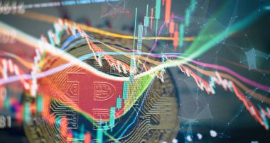 Bitcoin döviz kurlarındaki eğilimler. Bitcoin 'in yükseliş ve düşüş çizelgeleri. Bitcoins ve Yeni Sanal Para Konsepti. Candle stick grafik grafikli altın bitcoins