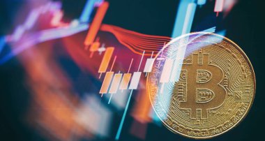 Sanal kripto para birimi kavramı. Bitcoin kripto para birimi arkaplanda bulanık mum boyası şeması ve yansıması ile