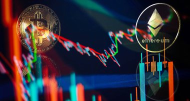 Sanal kripto para birimi kavramı. Bitcoin kripto para birimi arkaplanda bulanık mum boyası şeması ve yansıması ile