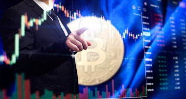 Bitcoin küresel ekonomi piyasasında uygun bir ödemedir. Sanal dijital para birimi ve finansal yatırım ticaret kavramı.