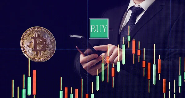 Smartphone Bitcoin Trading Chart Holding Hand Gold Bitcoin Cash Coin — Zdjęcie stockowe