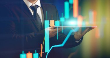 Development and growth business. man hand pointing line dot graph corporate future growth plan