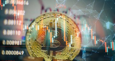 Ticari grafikli Bitcoin, finansal yatırım konsepti, Bitcoin madenciliği. Finans yönetimi konsepti. Para ticareti. Dijital ticaret.