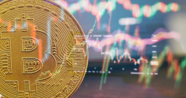 Altın bitcoins mum ile sopa grafik grafik ve dijital arka plan.
