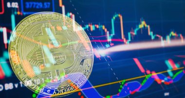Bitcoinler ve Yeni Sanal Para. Bitcoin madenciliği. Finans yönetimi konsepti. Para ticareti. Dijital ticaret. Kâr zarar grafiği. Şifreli satın alma ve satma.