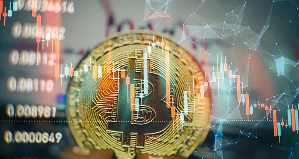 Bitcoin Com Gráfico Negociação Conceito Investimento Financeiro Mineração Bitcoin Conceito — Fotografia de Stock