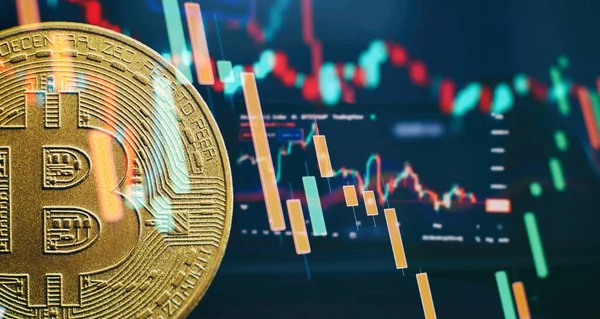 Bitcoins Ouro Com Gráfico Vara Vela Fundo Digital — Fotografia de Stock