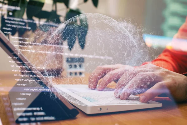 Holograma Tecnologia Dados Conceito Inovação Mãos Homem Trabalhando Computador Desenho — Fotografia de Stock