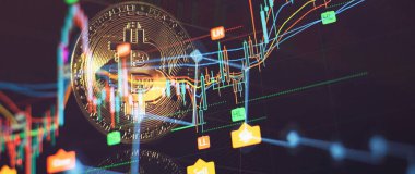 Altın bitcoinler, Candle grafik çizelgesi ve dijital arkaplan. Bitcoins ve Yeni Sanal para kavramı.