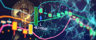 Candle grafik grafiği ve dijital arkaplanı olan bitcoinler. Madencilik ya da blok zincir teknolojisi.