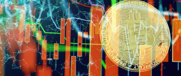 Bitcoin Guld Mynt Och Defocused Diagram Bakgrund Begreppet Virtuell Kryptovaluta — Stockfoto