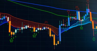 Yatırım kavramı. Teknolojik soyut arkaplan üzerinde ortalama grafik Stock pazar grafiği taşınıyor