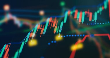 Fiyat grafiği ve göstergesi, mavi temalı ekranda kırmızı ve yeşil şamdan çizelgesi, piyasa dalgalanması, yukarı ve aşağı eğilim. Hisse senedi ticareti, kripto para birimi geçmişi.