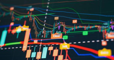 price graph and indicator, red and green candlestick chart on blue theme screen, market volatility, up and down trend. Stock trading, crypto currency background. clipart