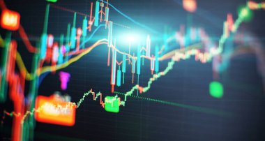 Borsa ve fintech kavramı. Koyu mavi arkaplan üzerindeki bulanık dijital grafikler.