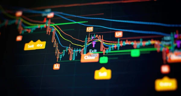 price graph and indicator, red and green candlestick chart on blue theme screen, market volatility, up and down trend. Stock trading, crypto currency background.