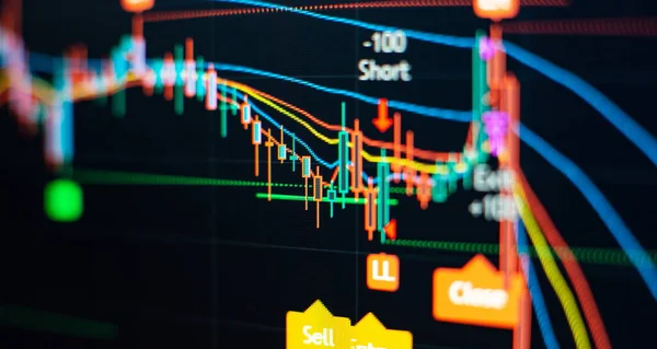 Technical price graph and indicator . Candle stick graph chart of stock market investment trading.