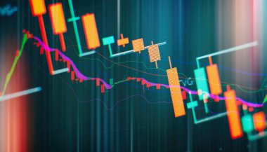 Market Analyze dahil bir monitör de dahil olmak üzere finansal veriler. Çubuk grafikler, diyagramlar, finansal rakamlar. Soyut parlayan forex grafik arayüzü duvar kağıdı. Yatırım, ticaret, hisse senedi, finans