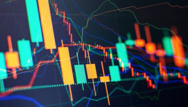 Bir bilgisayarın monitöründeki profesyonel teknik analiz için hacim analizi de dahil olmak üzere çeşitli göstergelere sahip finansal araçların grafikleri.