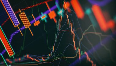 Teknik fiyat grafiği ve göstergesi, mavi ekranda kırmızı ve yeşil şamdan grafiği, piyasa dalgalanması, yükseliş ve düşüş eğilimi. Hisse senedi ticareti, kripto para birimi geçmişi.