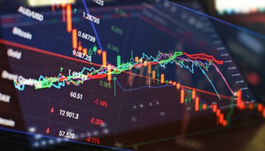 Teknik fiyat grafiği ve göstergesi, mavi ekranda kırmızı ve yeşil şamdan grafiği, piyasa dalgalanması, yükseliş ve düşüş eğilimi. Hisse senedi ticareti, kripto para birimi geçmişi.