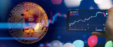 Bitcoin with stock graph for background, Gold Bitcoin Cryptocurrency Coins. Stock Market Concept