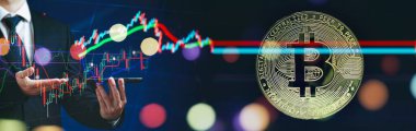 Bitcoin with stock graph for background, Gold Bitcoin Cryptocurrency Coins. Stock Market Concept