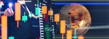 BTC Cryptocurrency Coins.Golden bitcoins with Candle stick graph chart and digital background.