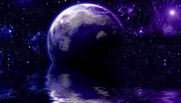 Beautiful unusual space planet in space reflected in water. galaxy stars night sky ,Elements of this Image Furnished by NASA ,