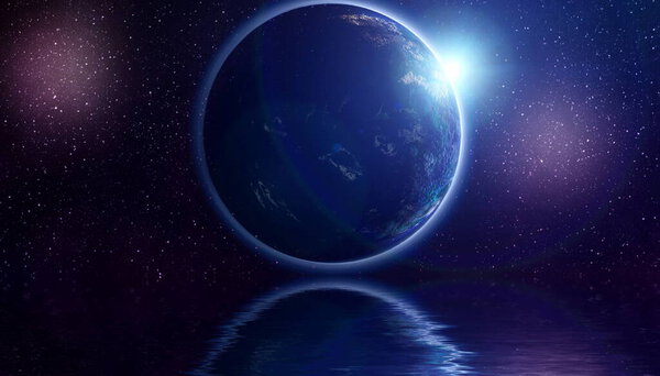 3D illustration Beautiful unusual space planet in space reflected in water, galaxy stars night sky ,Elements of this Image Furnished by NASA ,