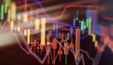 Fiyat grafiği ve göstergesi, mavi temalı ekranda kırmızı ve yeşil şamdan çizelgesi, piyasa dalgalanması, yukarı ve aşağı eğilim. Hisse senedi ticareti, kripto para birimi geçmişi.
