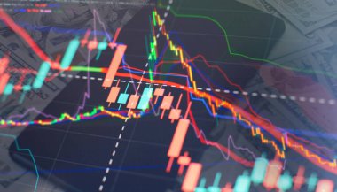 Bilgi tabloları üzerinde iş analizi. İşadamı, Altın Piyasası, Eski Pazar ve Ticaret Piyasası için yatırım grafikleri analizi üzerinde çalışıyor.