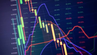 price graph and indicator, red and green candlestick chart on blue theme screen, market volatility, up and down trend. Stock trading, crypto currency background.