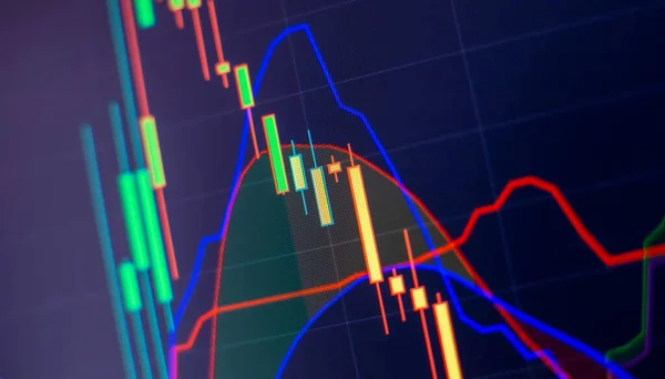 Preisdiagramm Und Indikator Roter Und Grüner Leuchter Chart Auf Blauem — Stockfoto