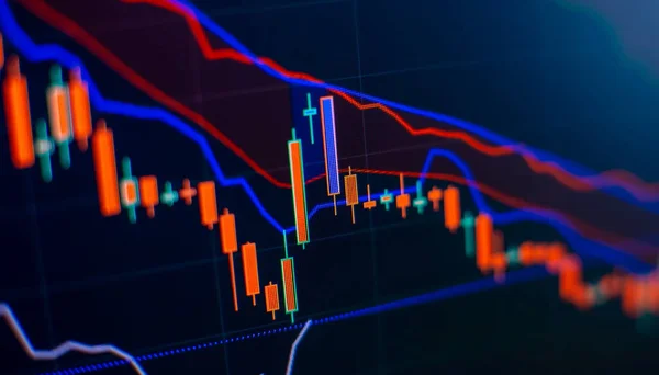 price graph and indicator, red and green candlestick chart on blue theme screen, market volatility, up and down trend. Stock trading, crypto currency background.