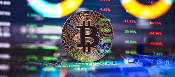 Cryptocurrency Concept Golden Bitcoin Mainboard Future Money Computational Equipment — Fotografia de Stock