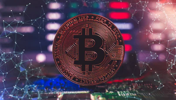 Технологія Blockchain Bitcoin Гірничодобувної Концепції Золота Монета Біткоїна Комп Ютерній — стокове фото