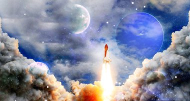 Spaceship takes off in the starry sky. Rocket space ship , Rocket starts into space concept.Elements of this image furnished by NASA